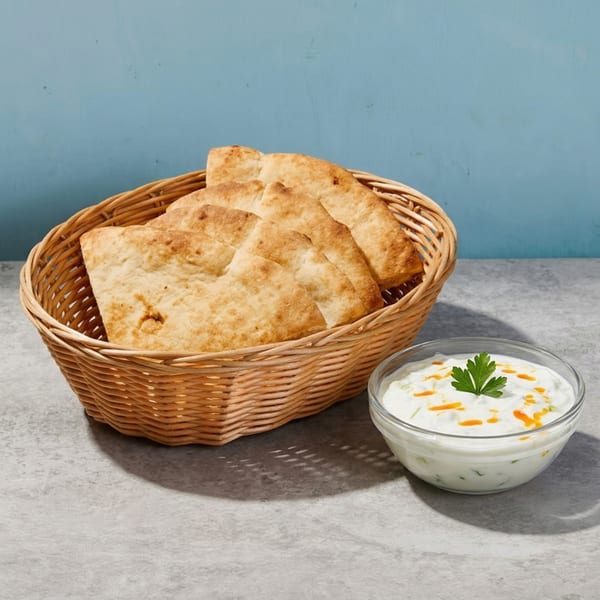 A woven basket of flatbreads next to a bowl of tzatziki with a parsley garnish.